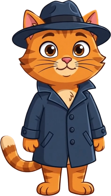 FactCat, an orange tabby detective in a trench coat and fedora