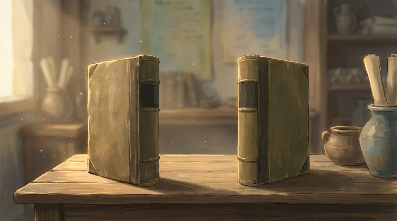 Two identical blank-spined hardback books standing face to face on a bare table