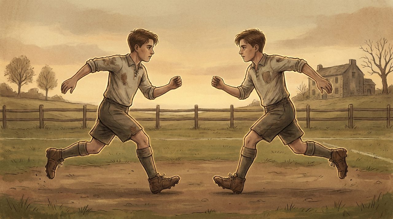 Two identical young footballers training side by side