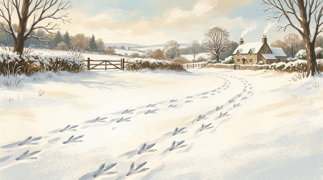 Delicate arrow-shaped bird footprints pressed into a smooth field of fresh white snow