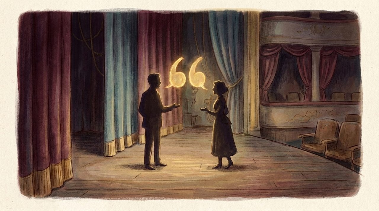 Two people's silhouettes facing each other with a pair of glowing curly quote shapes